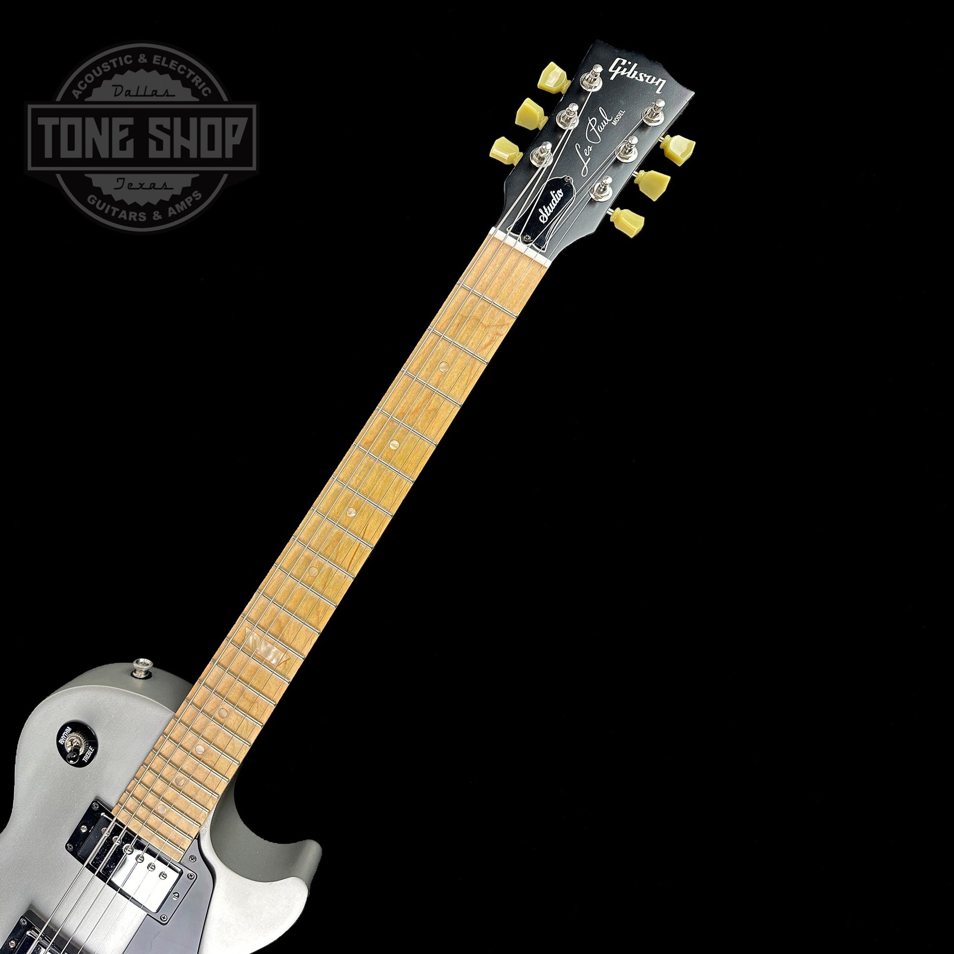 Fretboard of Used 2009 Gibson Les Paul Studio Raw Power Grey.