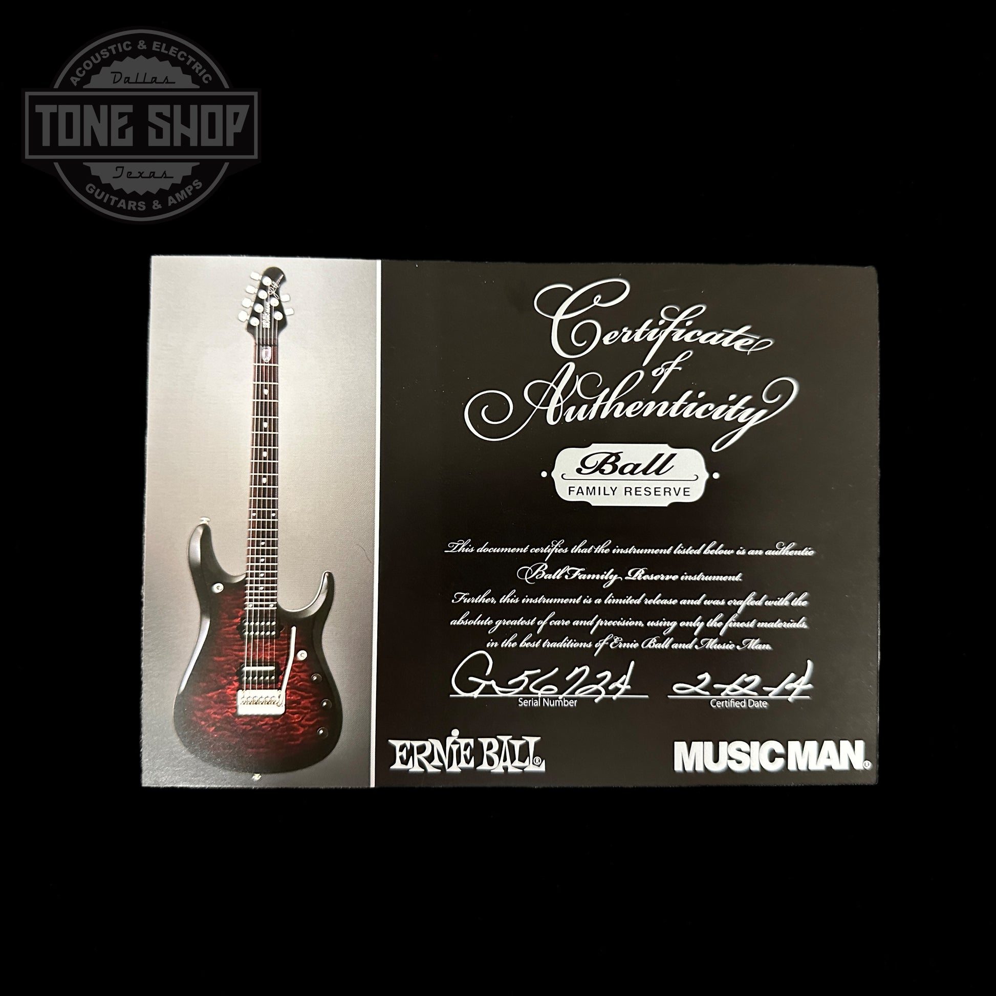 Certificate of authenticity for Used 2014 Ernie Ball JPX Ball Family Reserve RW Neck Barolo.