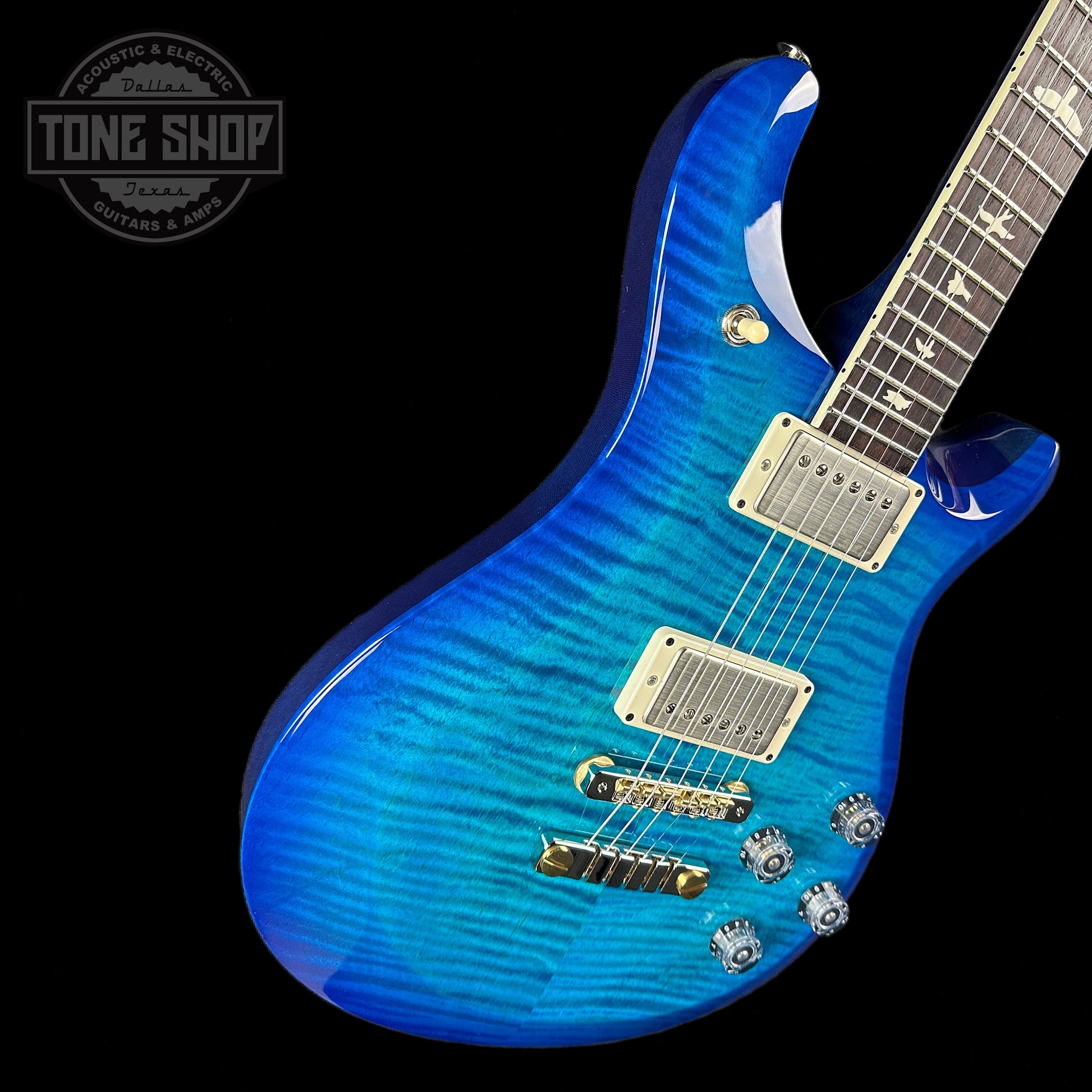 Front angle of PRS S2 McCarty 594 2024 Spec TSG Flame Top Lake Blue.