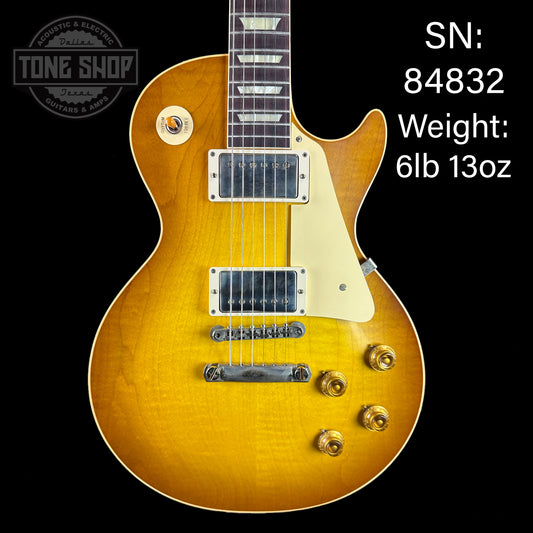 Front of serial number 84832 of Gibson Custom Shop Dealer's Choice 58 Les Paul Standard Chambered Golden Poppy VOS NH.