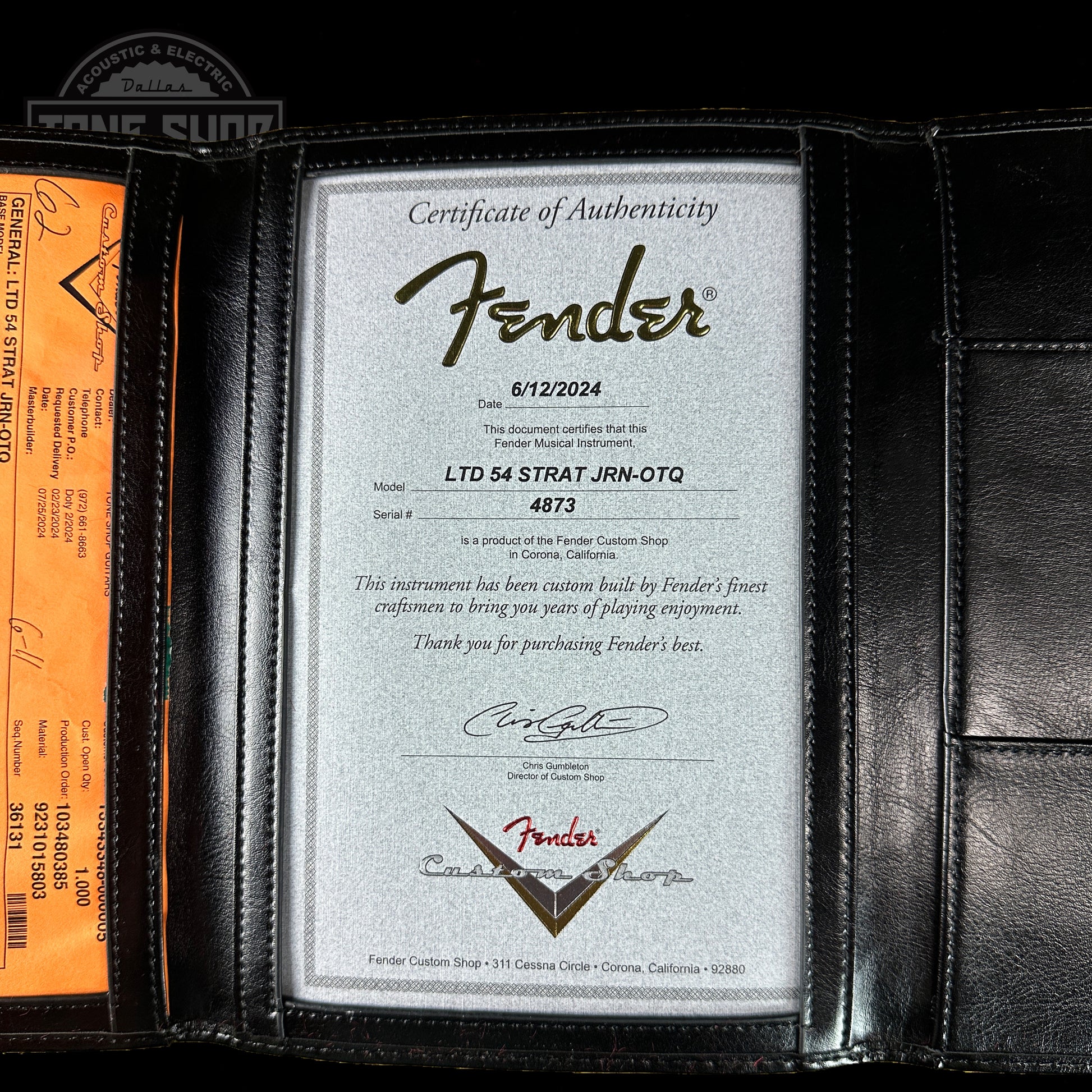 Certificate of authenticity for Fender Custom Shop LTD 70th Anniversary 1954 Stratocaster Ocean Turquoise.