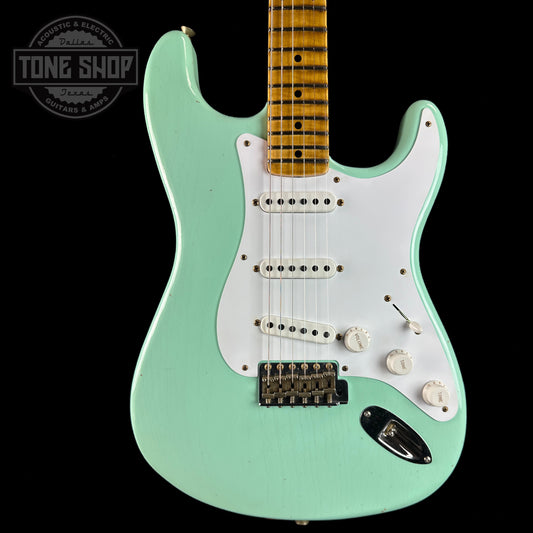 Front of Fender Custom Shop LTD 70th Anniversary 1954 Stratocaster Surf Green.