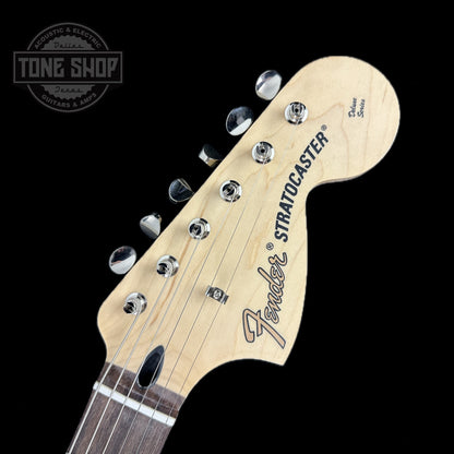 Front of headstock of Used 2023 Fender Tom Delonge Stratocaster Daphne Blue.