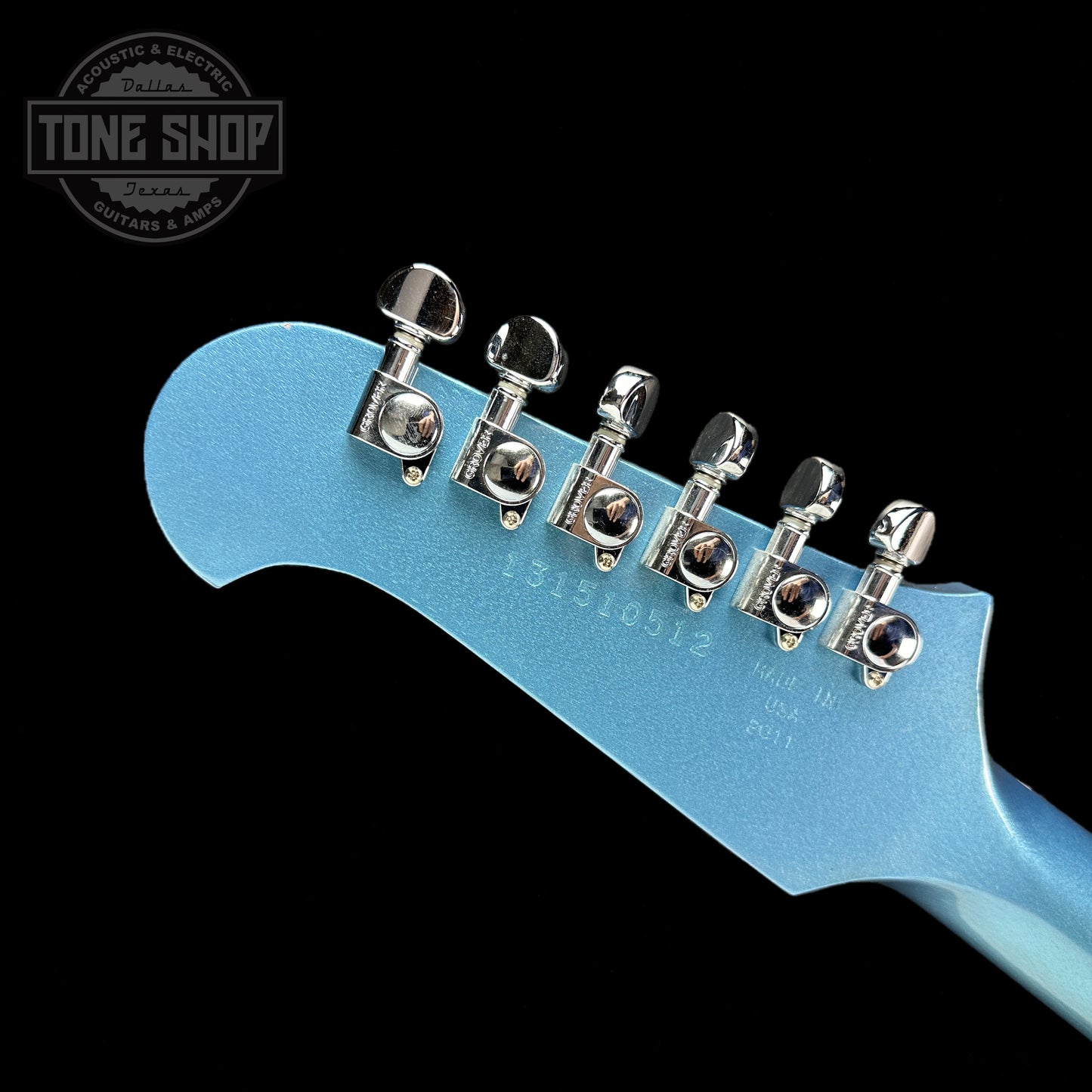 Back of headstock of Used Gibson Non-Reverse Firebird Pelham Blue.