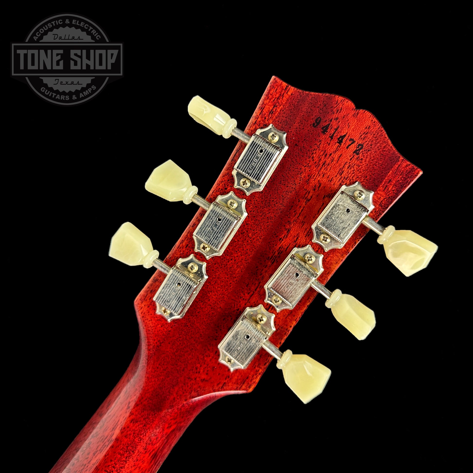 Back of headstock of Gibson Custom Shop M2M 1959 Les Paul Standard Chambered Lemon Burst VOS.