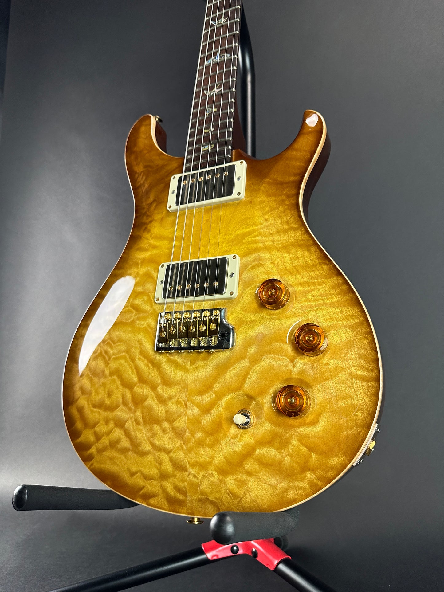 Front angle of Used PRS Wood Library DGT David Grissom Quilt Top Livingston Lemondrop Brazilian RW.