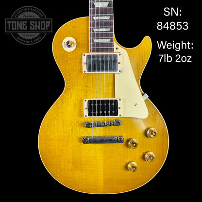 Front of serial number 84853 of Gibson Custom Shop Dealer's Choice 1958/60 Neck Les Paul Standard Chambered Lemon Burst Murphy Lab Ultra Light Aged.