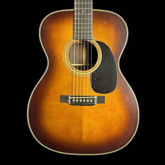 Front of body of Used Martin Custom Shop 000-28 Authentic 1937 Stage 1 Aging Ambertone Burst.