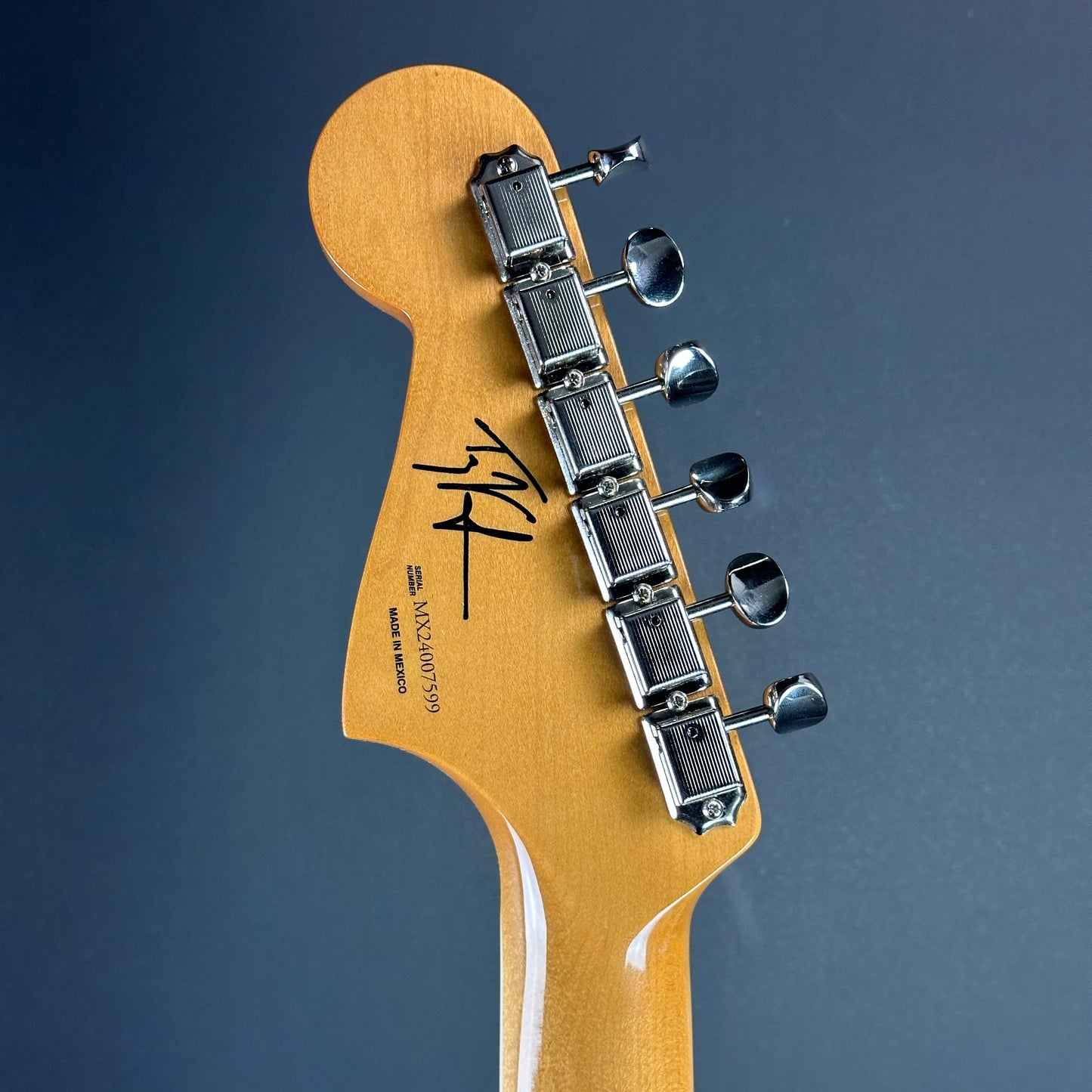 Back of headstock of Used Fender Troy Van Leeuwen Jazzmaster.