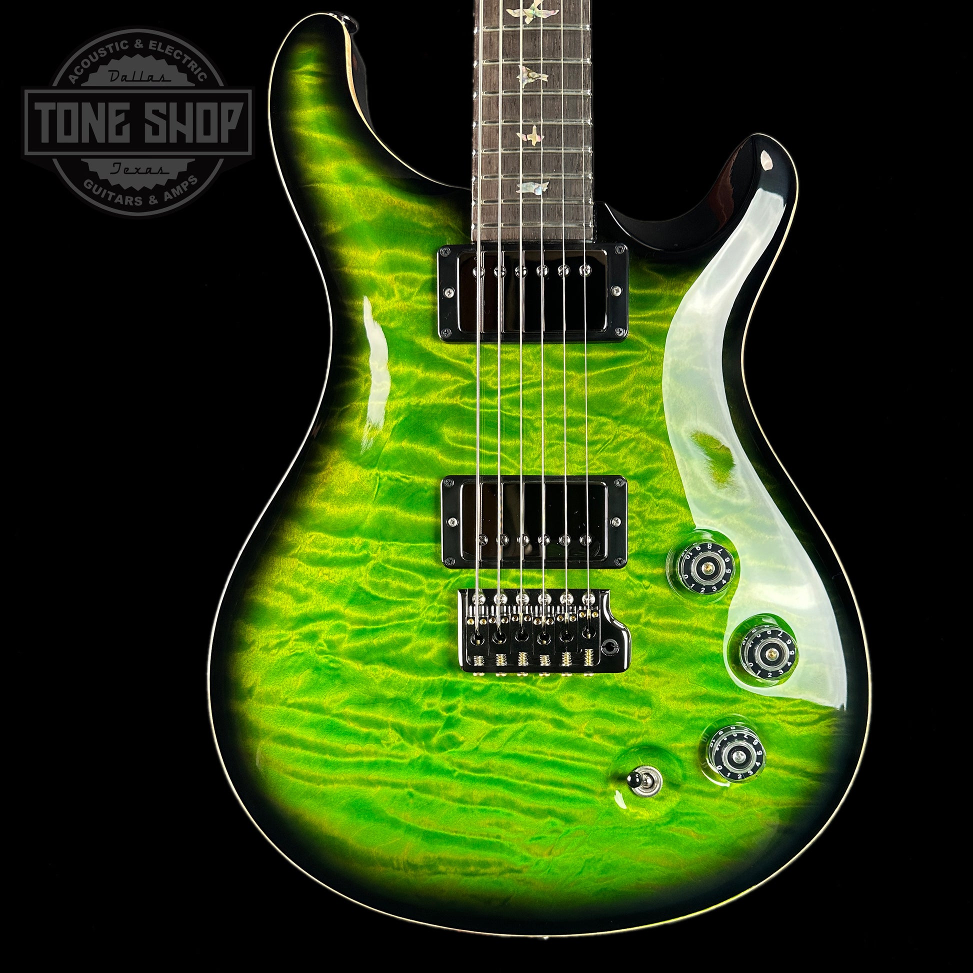 Front of PRS Wood Library DGT Eriza Verde Smokeburst Quilt 10 Top.