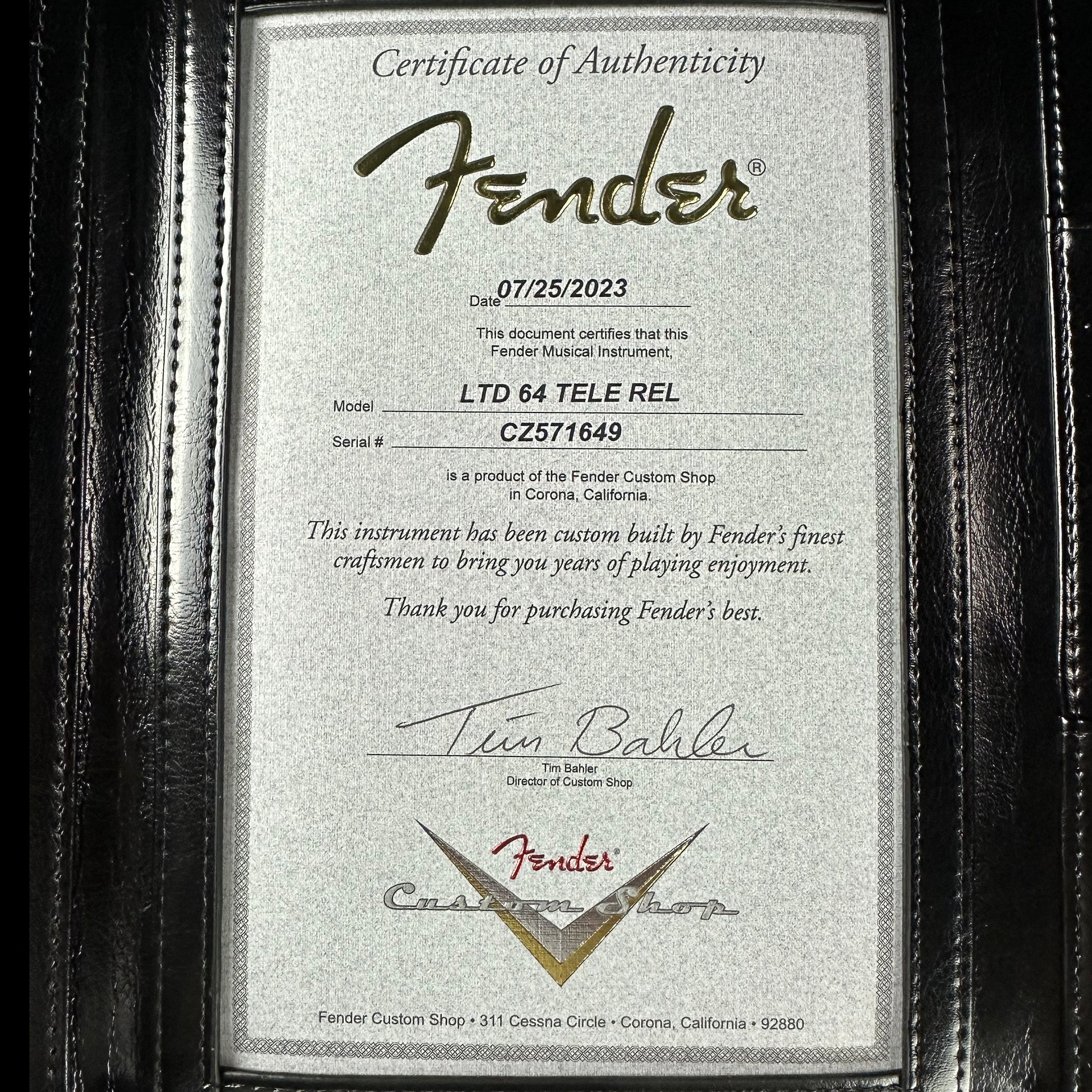 Certificate of Authenticity for Fender Custom Shop Limited Edition '64 Tele Relic Aged Sherwood Green Metallic.