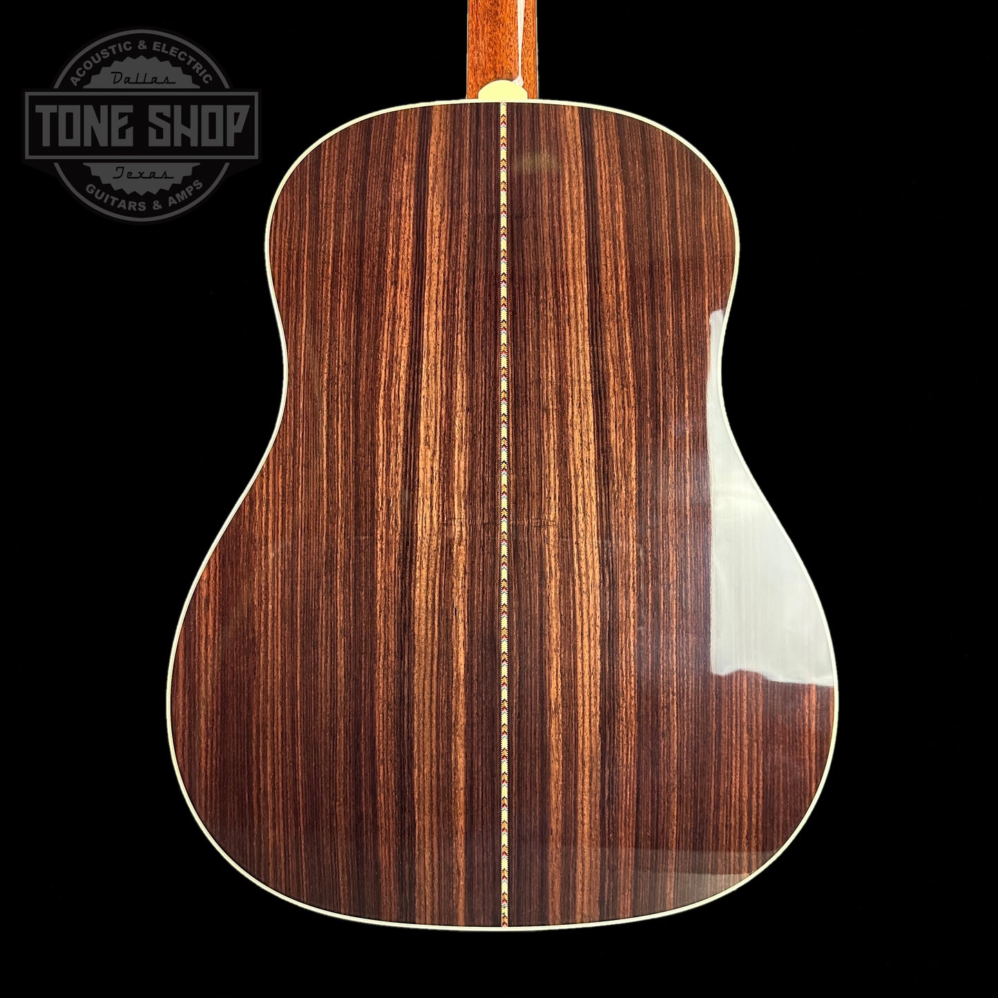 Back of body of Collings CJ Rosewood Tigerstripe Pickguard Sunburst.