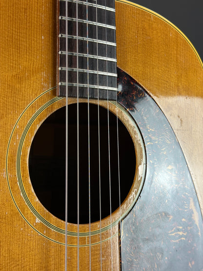 Wear around soundhole of Vintage 1967 Epiphone Texan FT79N Natural.