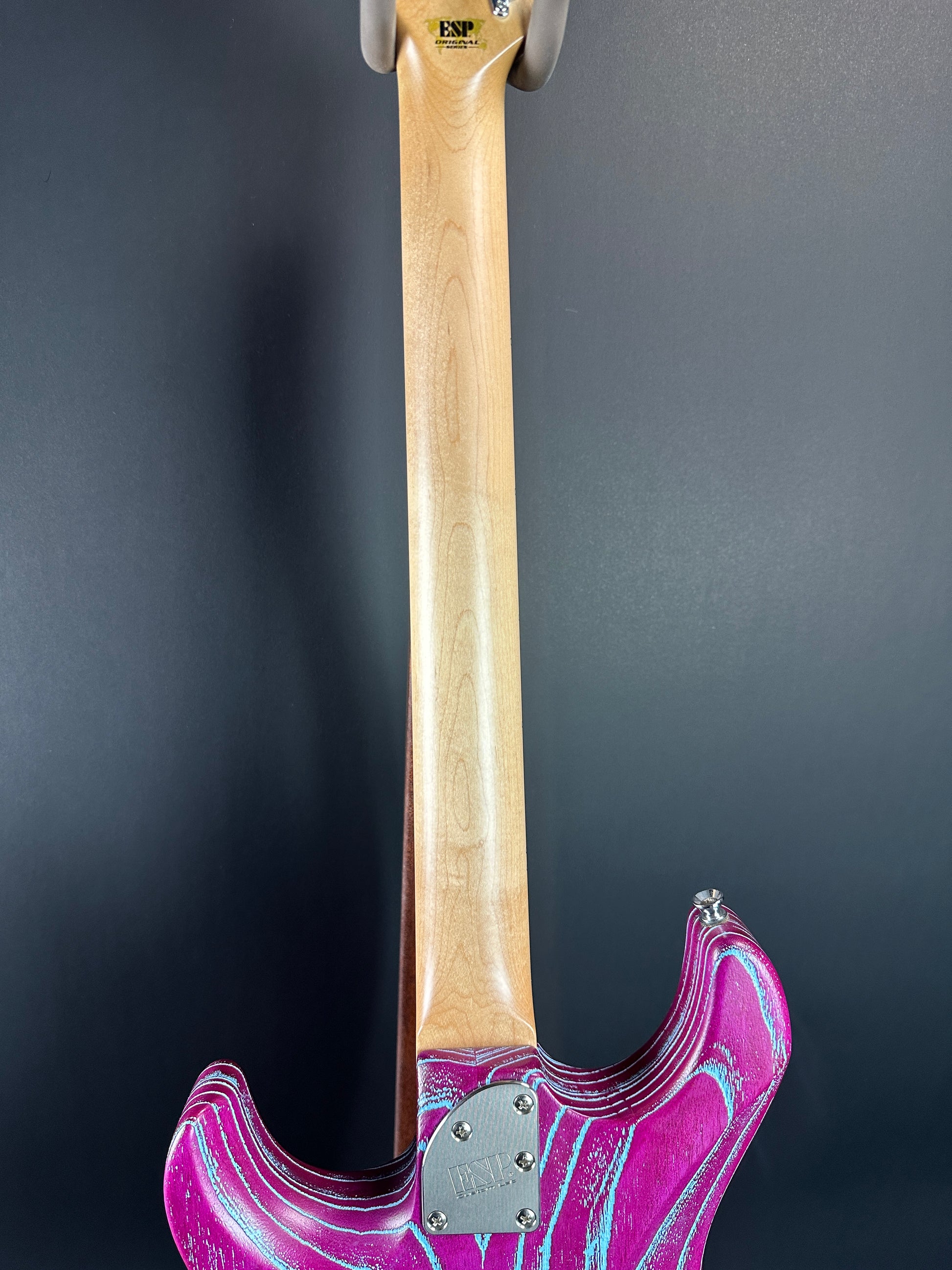 Back of neck of Used ESP Custom Shop Snapper Drift Wood Indigo Purple.