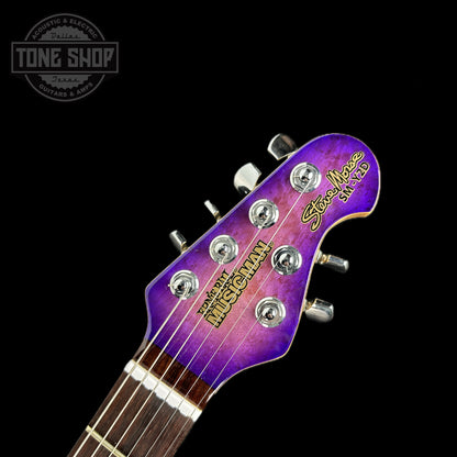 Front of headstock of Used 2008 Ernie Ball Steve Morse Y2D Purple Sunset.