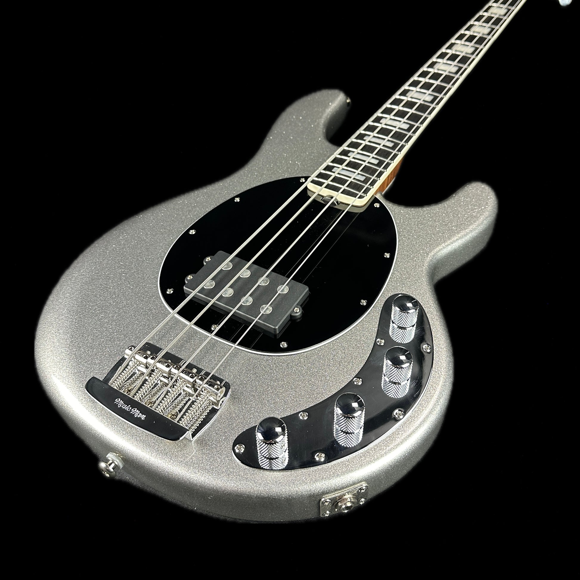 Front angle of Used Ernie Ball Musicman Stingray Ball Family Reserve Silver Sparkle.