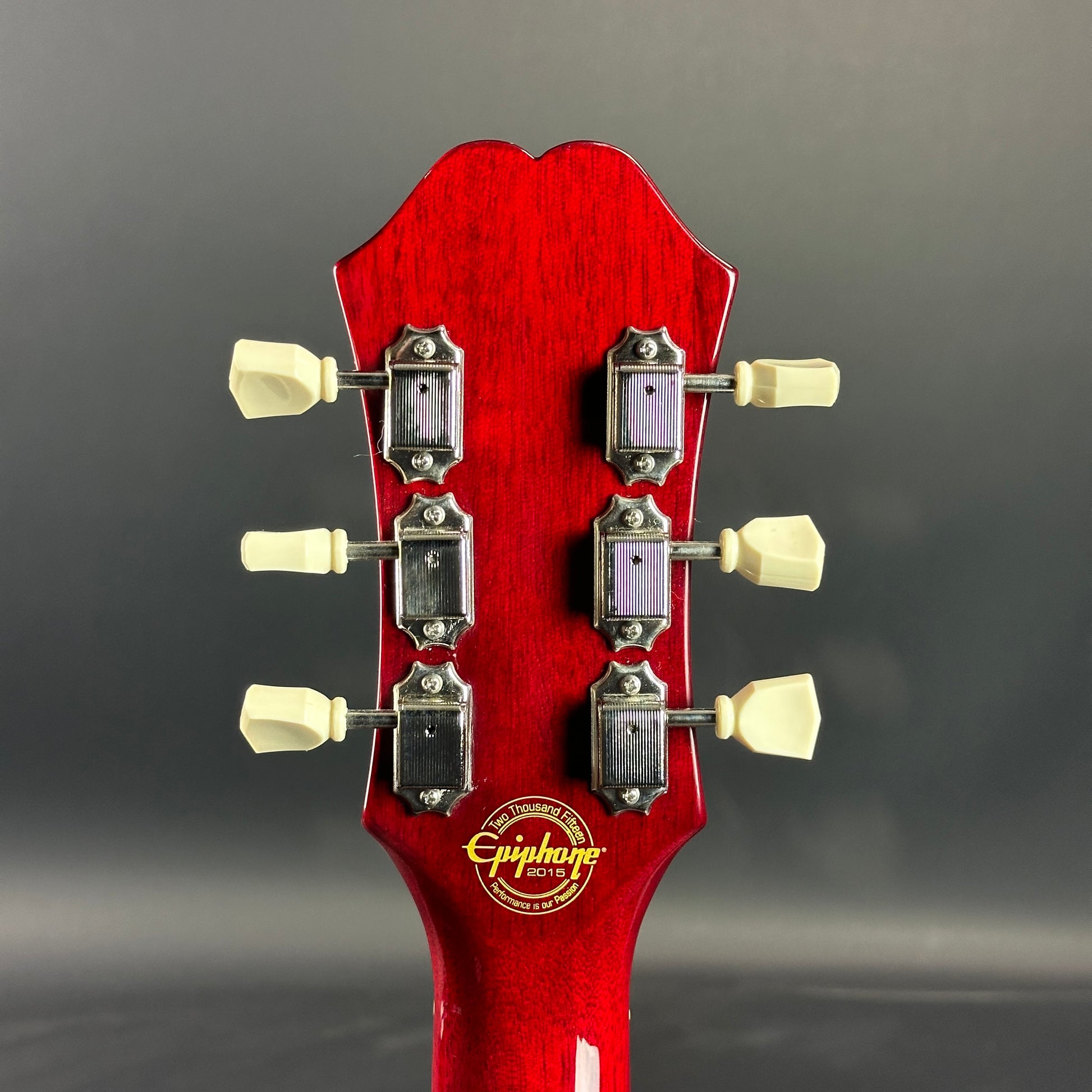 Back of headstock of Used Epiphone ES-339 Pro P90 Red.