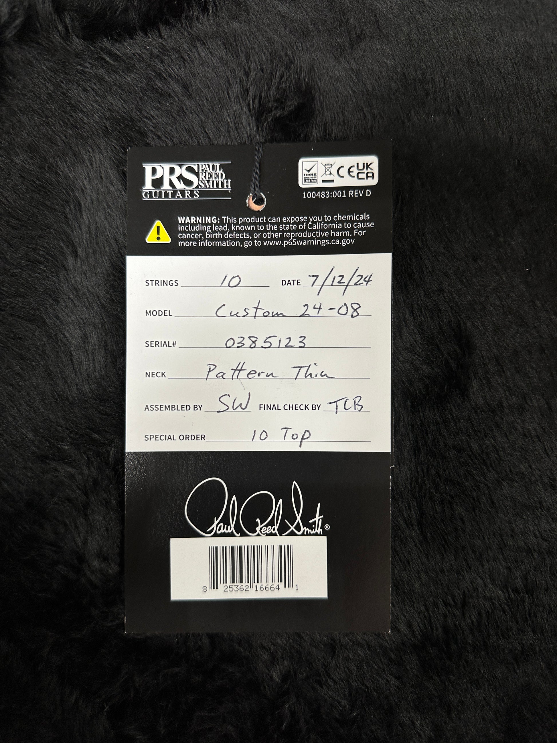 Hang tag for PRS Custom 24-08 10 Top Fire Smokeburst.