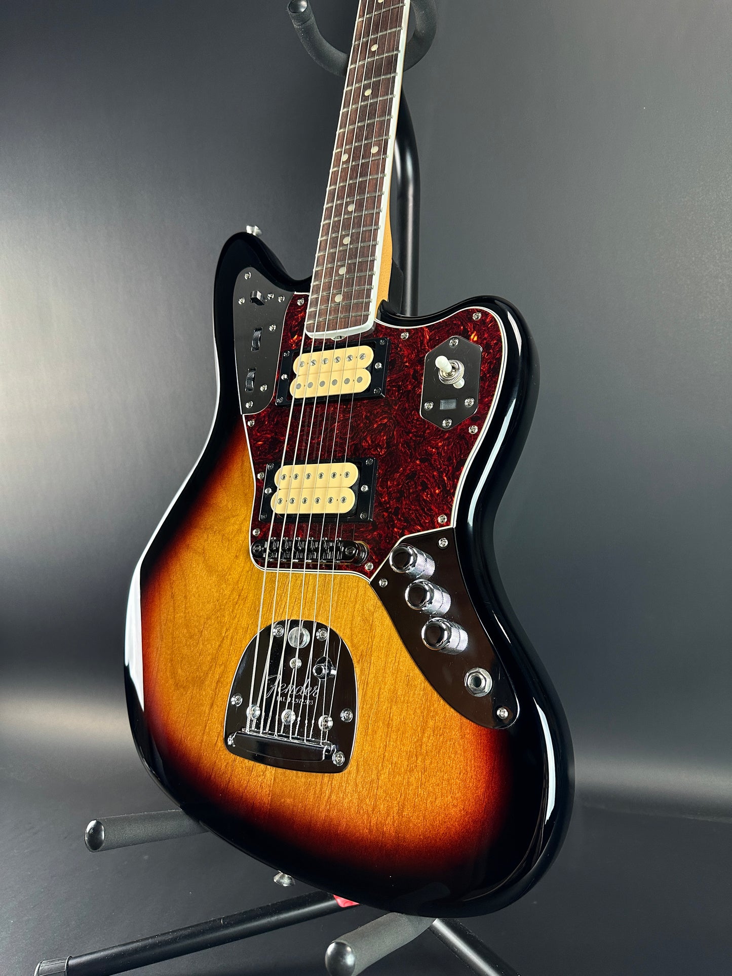 Front angle of Used Fender Kurt Cobain Jaguar 3-Color Sunburst.