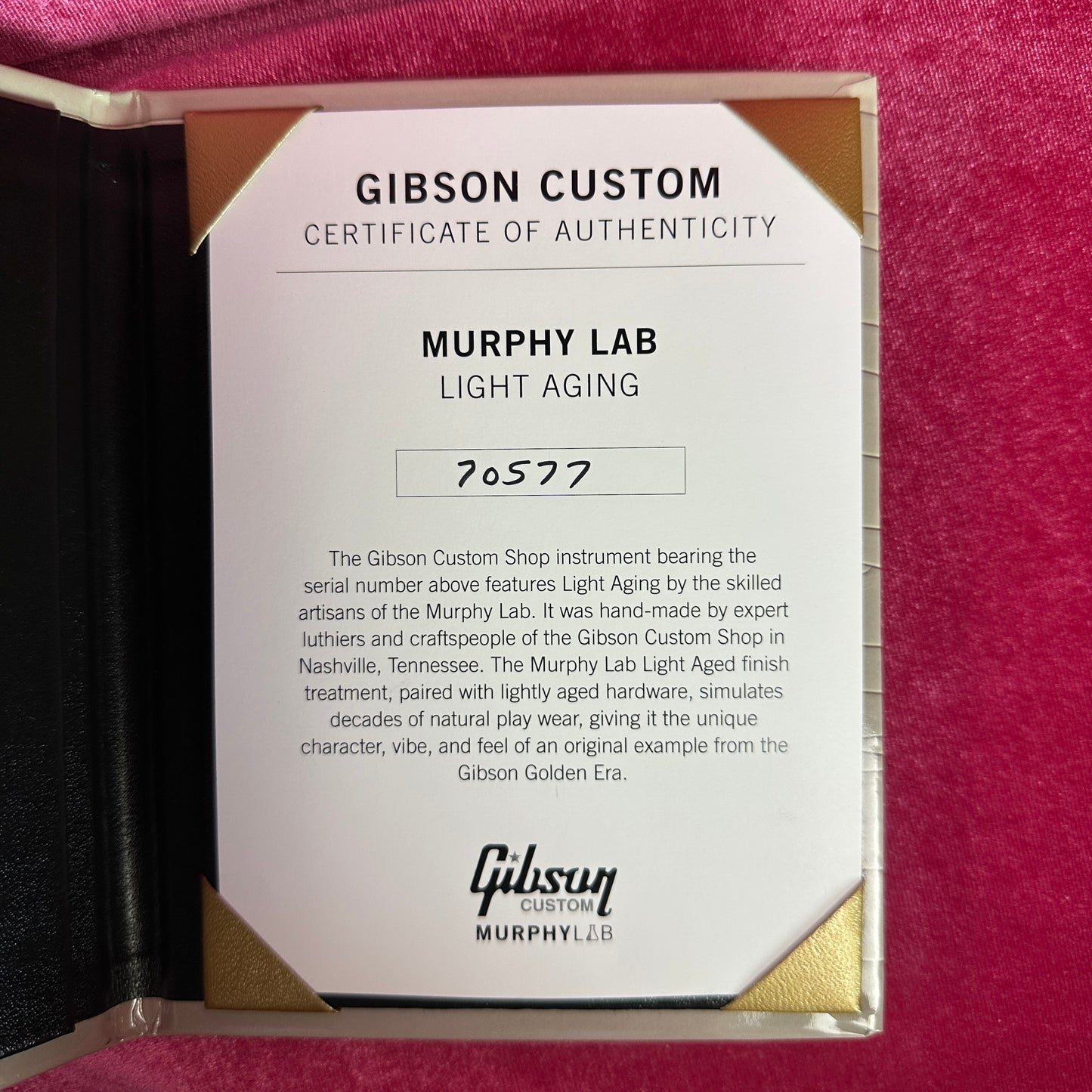 Certificate of authenticity for Used Gibson Murphy Lab Light Aged Double Gold 1957 Les Paul Goldtop Dark Back.