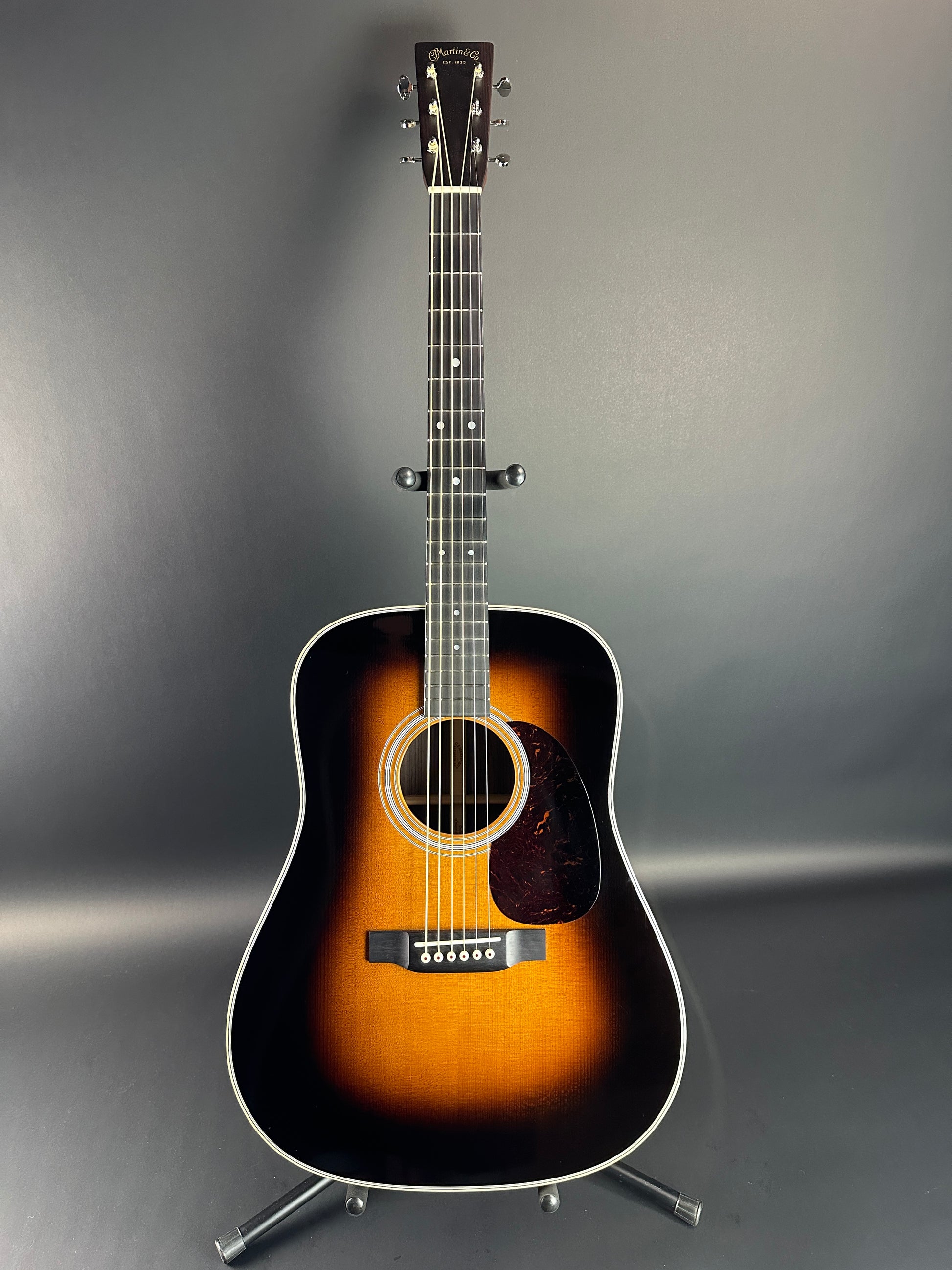 Full front of Used Martin D-28 Sunburst.