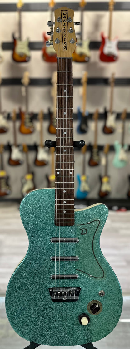 Full front of Used Danelectro 56 U-3 Green Sparkle TSS4413