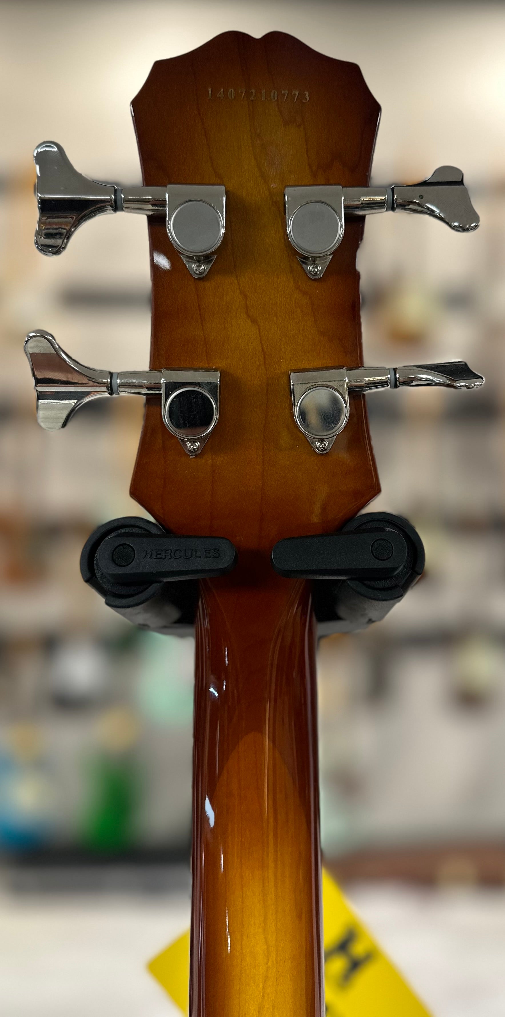 Back of headstock of Used Epiphone Viola Bass Sunburst w/case TSS4181