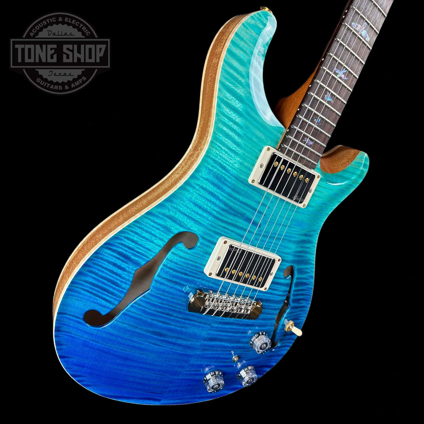 Front angle of PRS Wood Library Hollowbody II Piezo 10-top Blue Fade Braz RW.