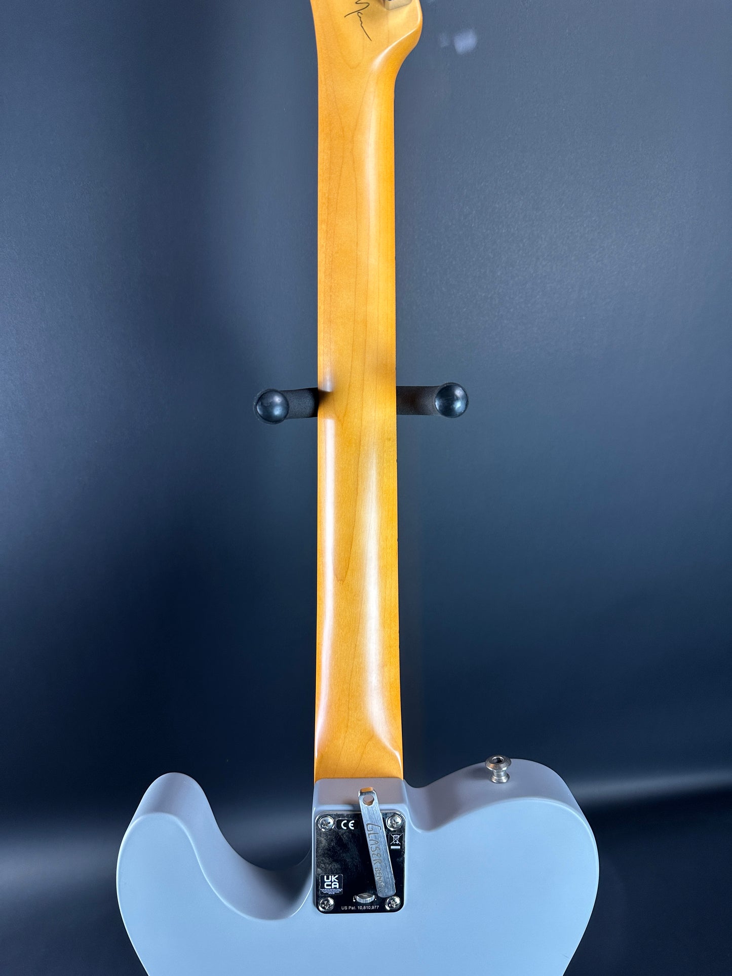 Back of neck of Used Fender Brent Mason Telecaster Primer Gray.