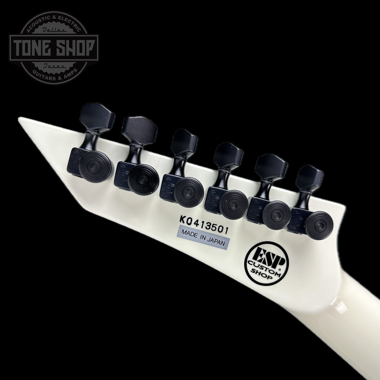 Back of headstock of Used ESP Custom Shop DV8 Dave Mustaine White.