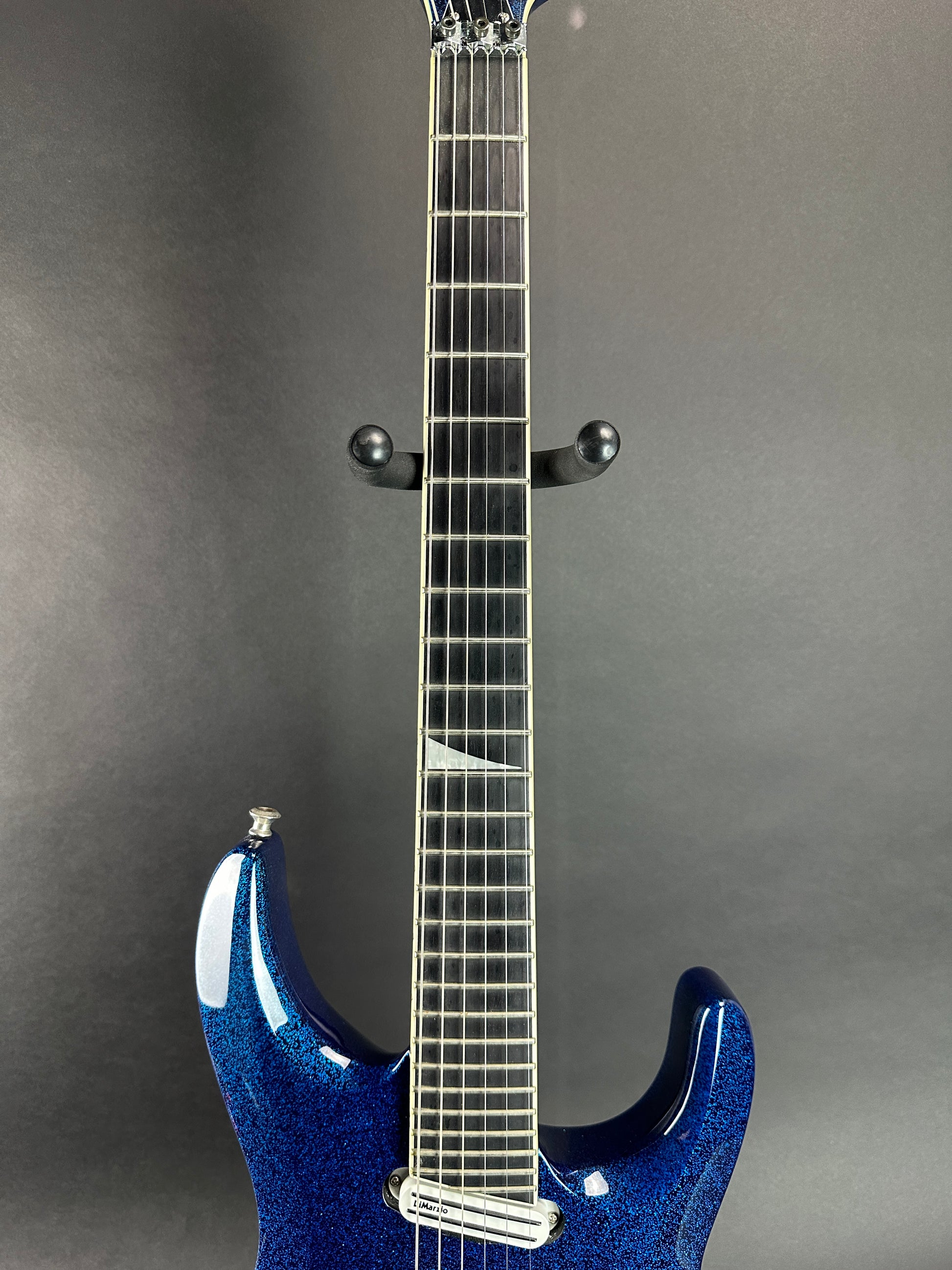 Fretboard of Used Jackson LTD Wildwood Series Soloist Arch Top Extreme SL27 EX Blue Sparkle.