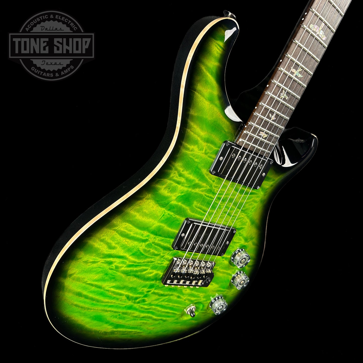 Front angle of PRS Wood Library DGT Eriza Verde Smokeburst Quilt 10 Top.