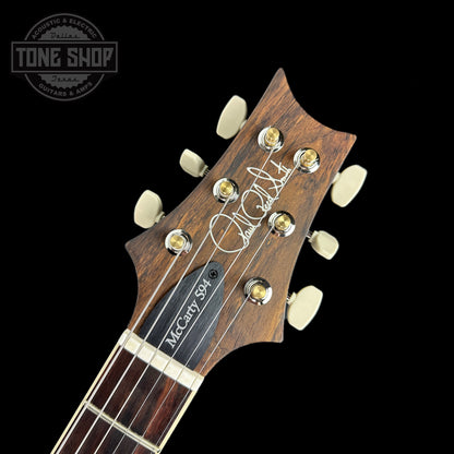 Front of headstock of PRS Wood Library McCarty 594 10-top Quilt Faded Whale Blue Smokeburst.