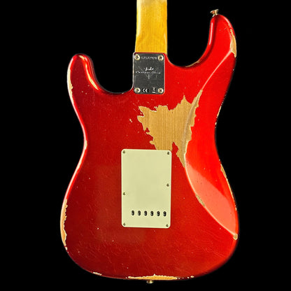 Back of body of Fender Custom Shop 59 Strat Heavy Relic Super Faded Aged Candy Apple Red.