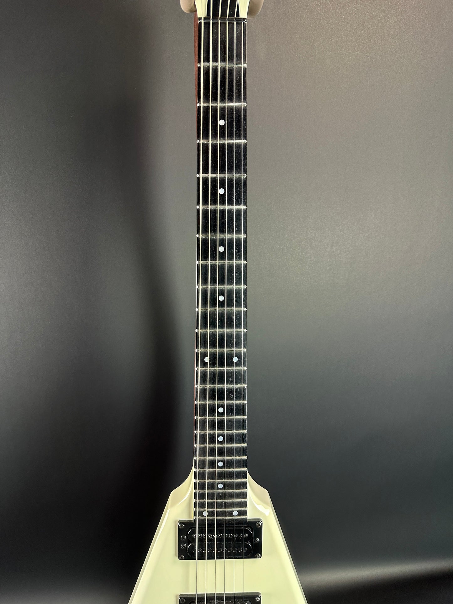 Fretboard of Used Carvin Ultra Vee White.