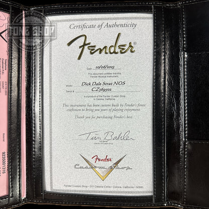 Certificate of authenticity for Used Fender Custom Shop Dick Dale Strat.