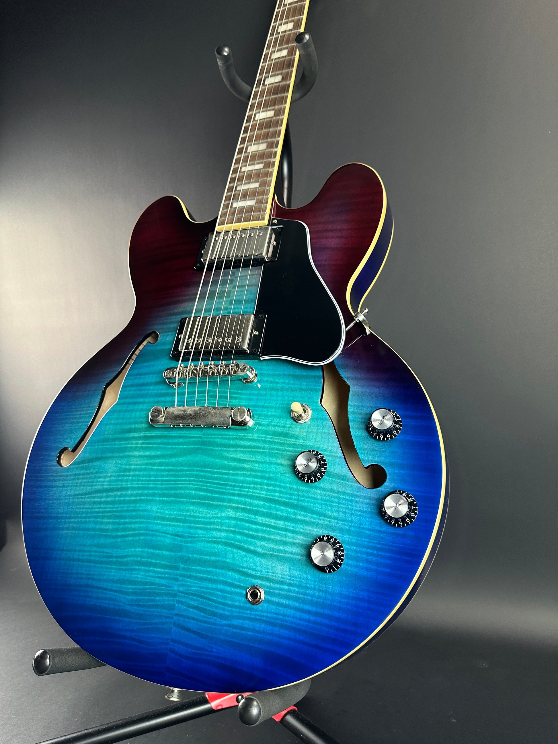 Front angle of Used Epiphone ES-335 Figured Blueberry Burst.