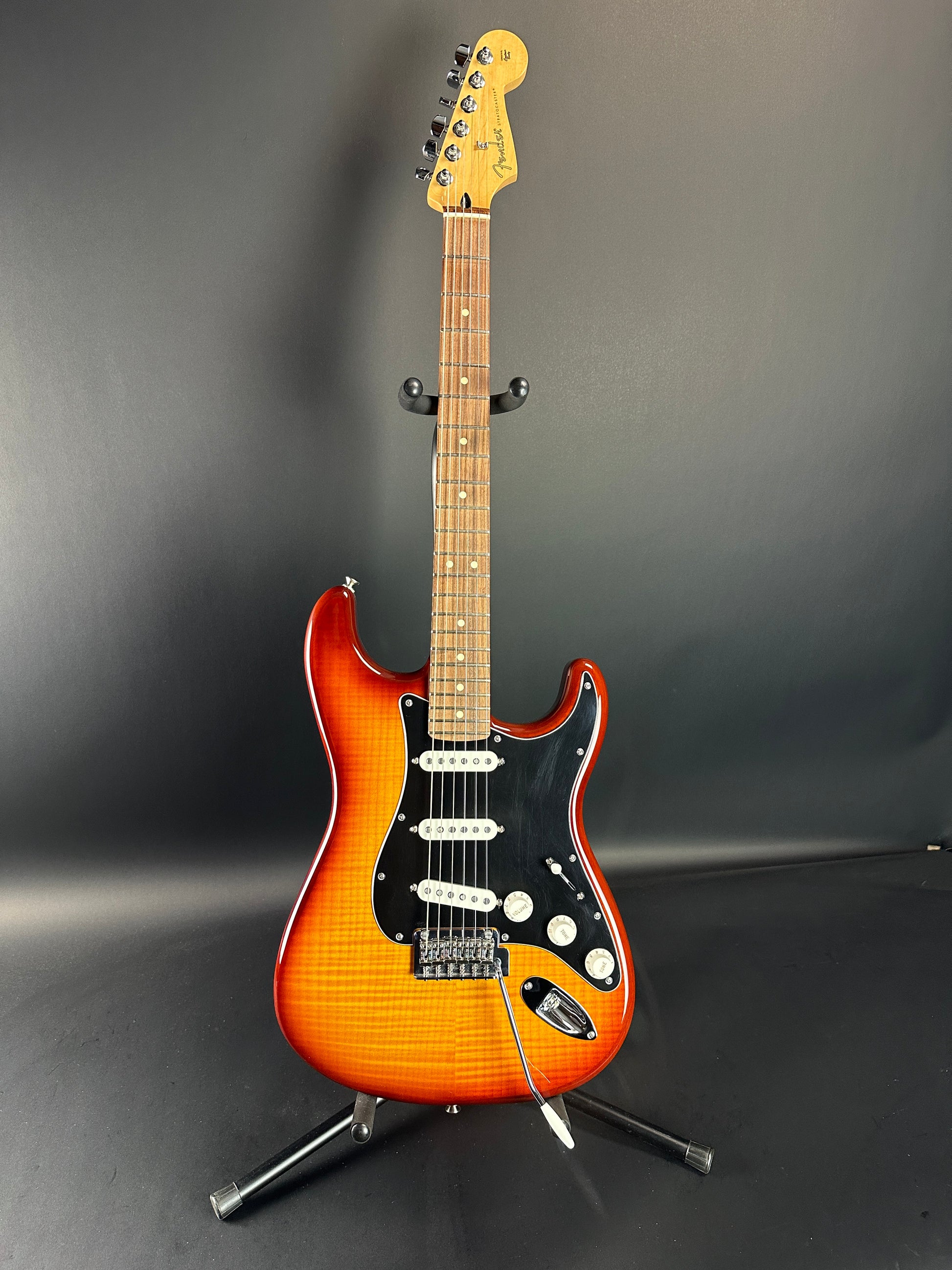 Full front of Used Fender Player Stratocaster Plus Top Sunburst.