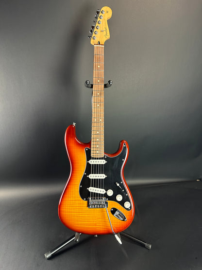 Full front of Used Fender Player Stratocaster Plus Top Sunburst.