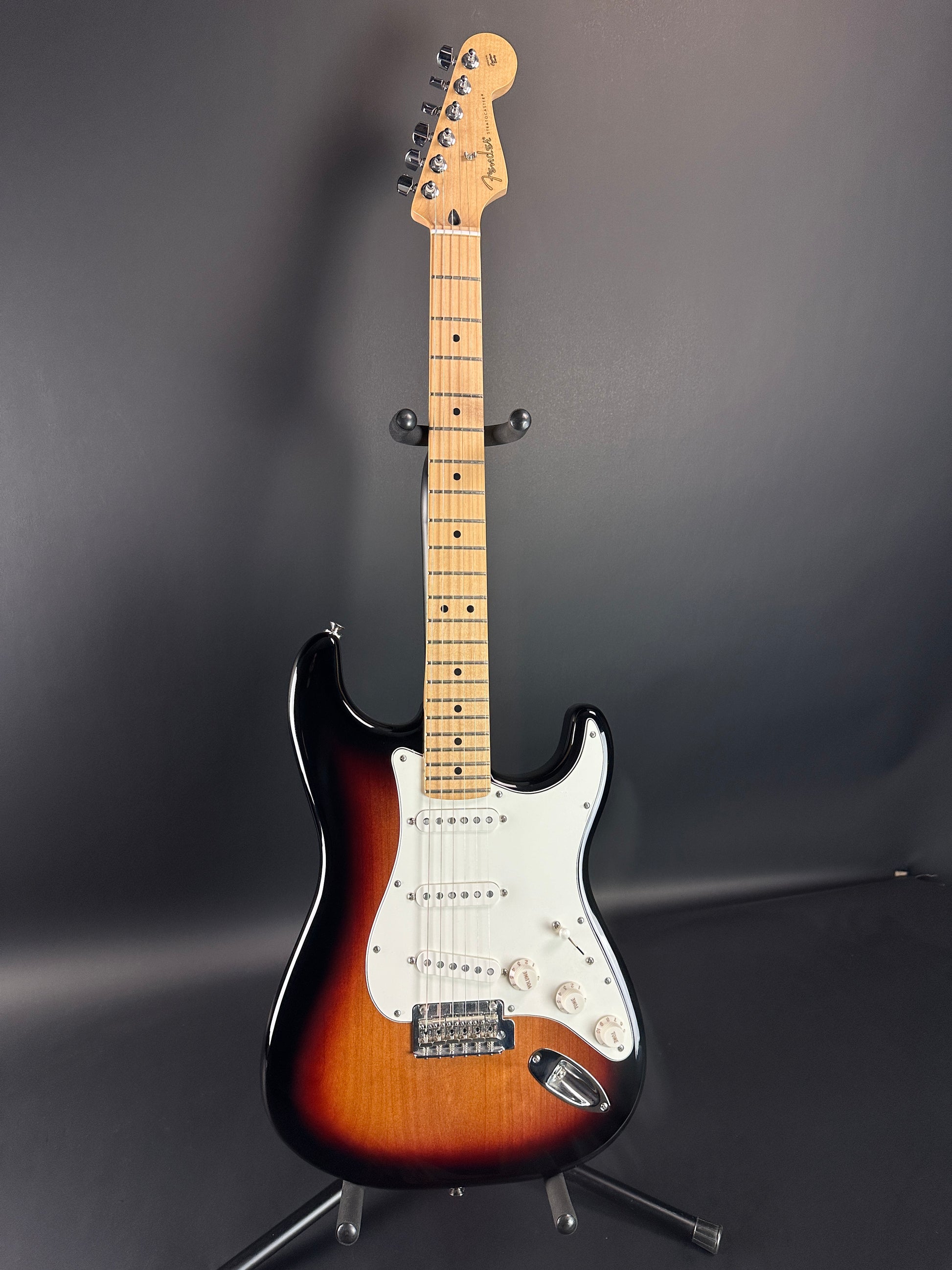 Full front of Used Fender Player Strat 3 Color Sunburst.