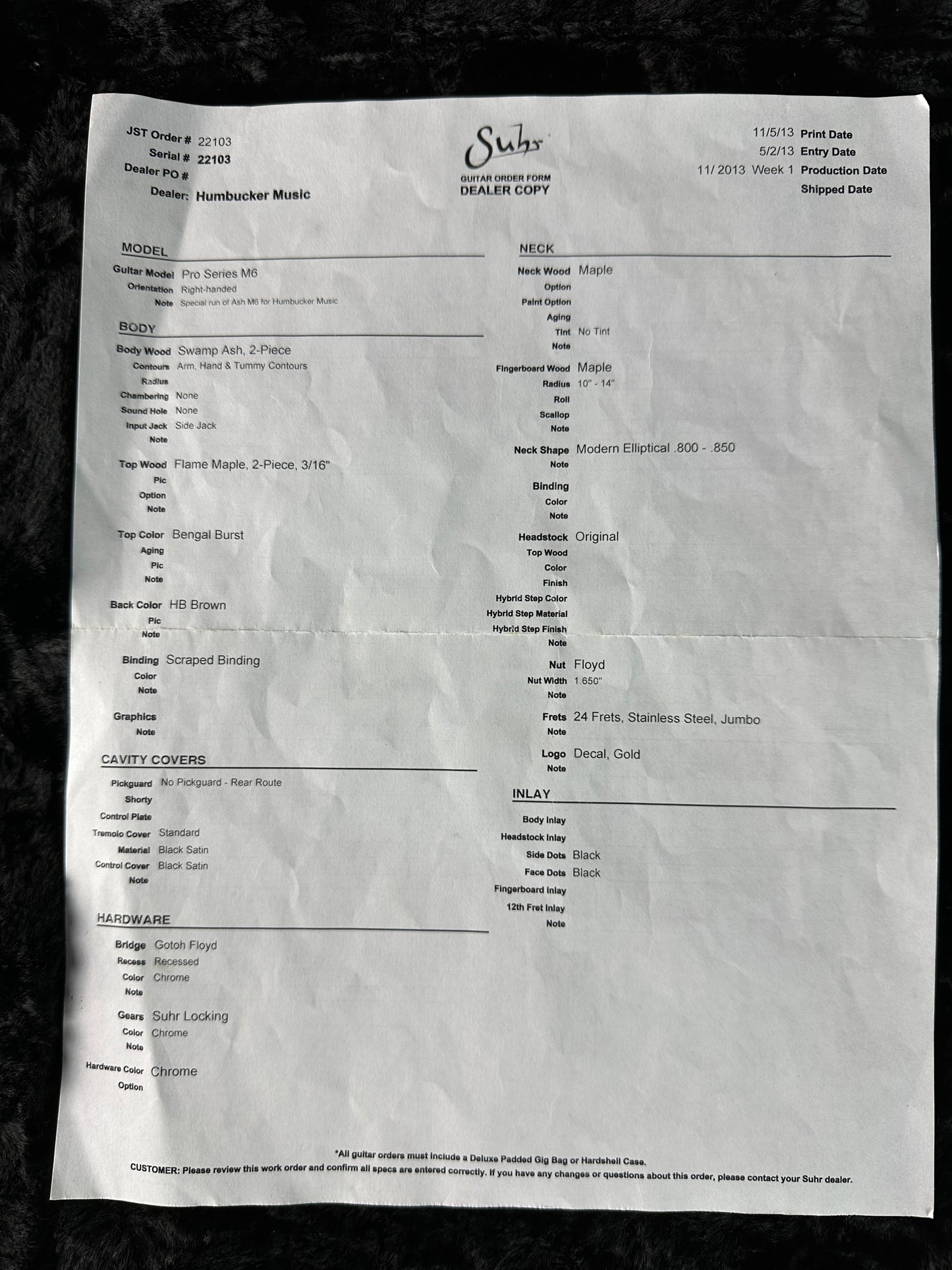 Spec sheet for Used 2015 Suhr Modern Pro Flame Top HSH Floyd Rose.