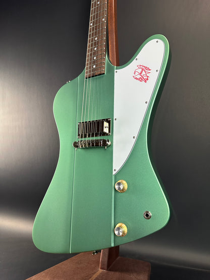 Front angle of Used Epiphone Inspired by Gibson Custom 1963 Firebird Inverness Green.