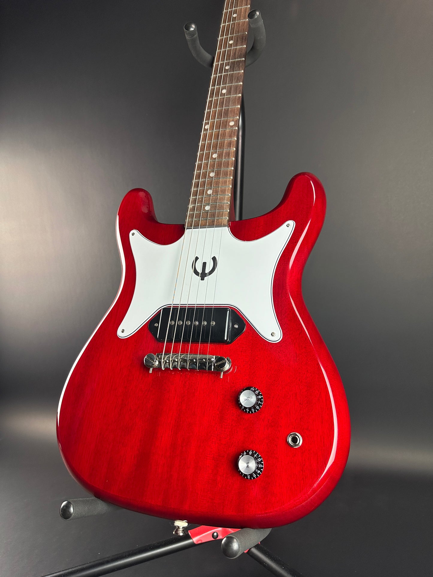 Front angle of Used Epiphone Coronet Cherry.