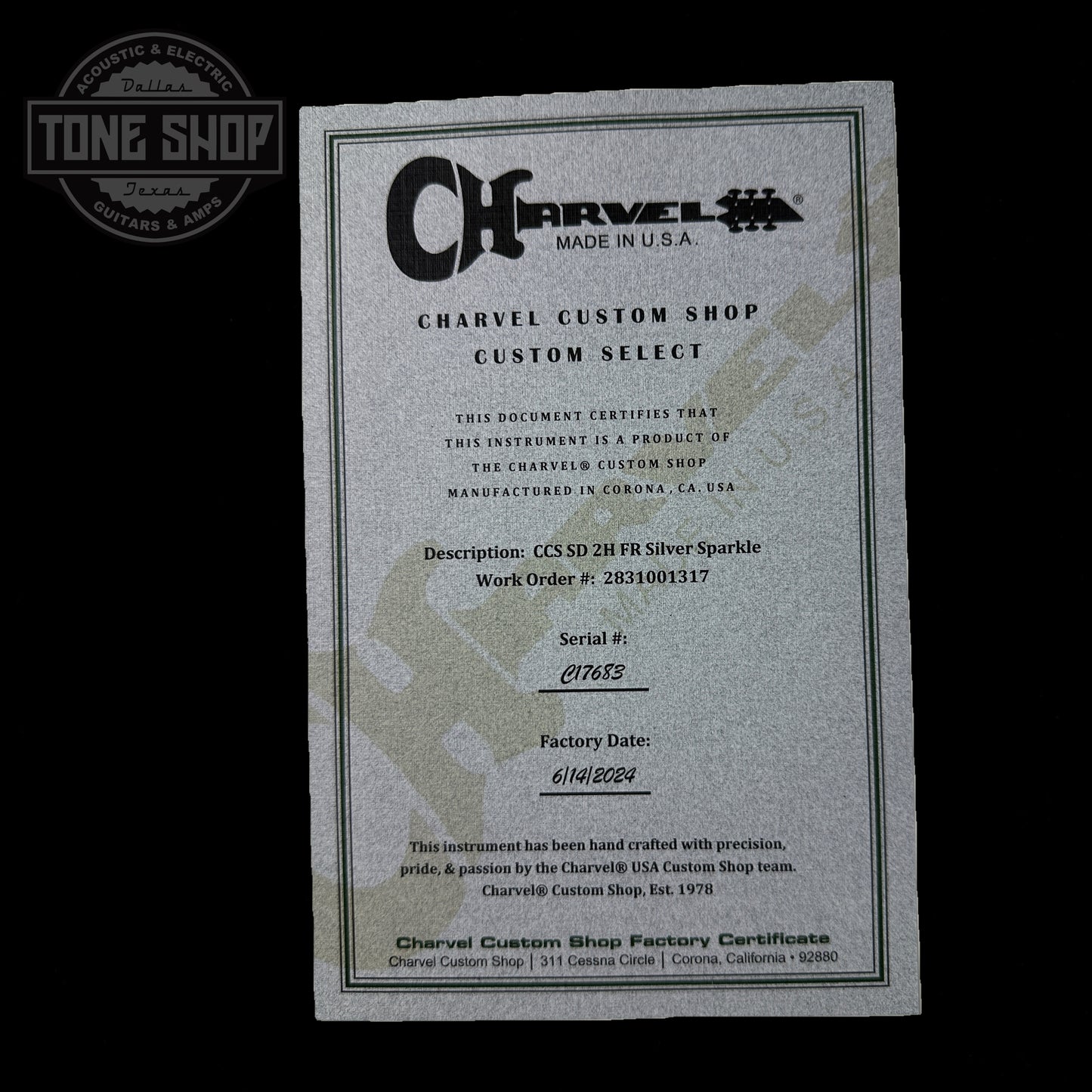 Certificate of authenticity for Charvel Custom Shop SD 2H FR Silver Sparkle.