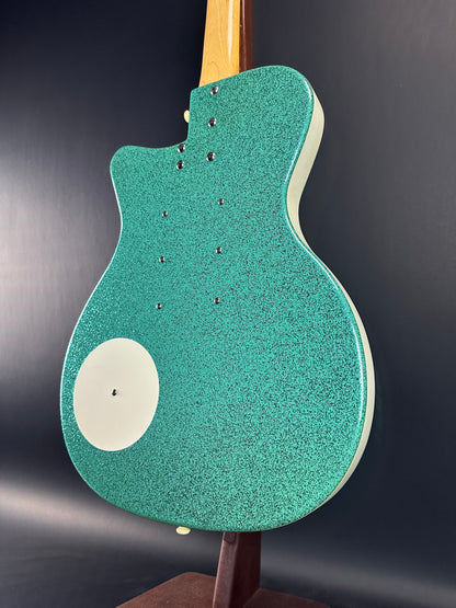 Back angle of Used Danelectro '56 U3 Green Sparkle.