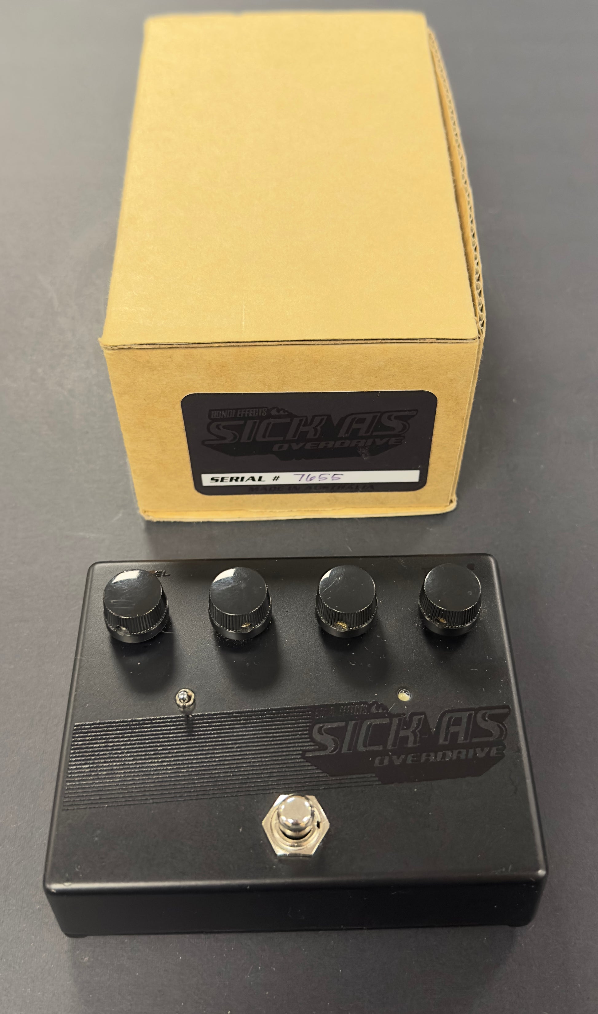 Top with box of Used Bondi Effects "Sick As" Overdrive Black Out Pedal w/Box TSS4895