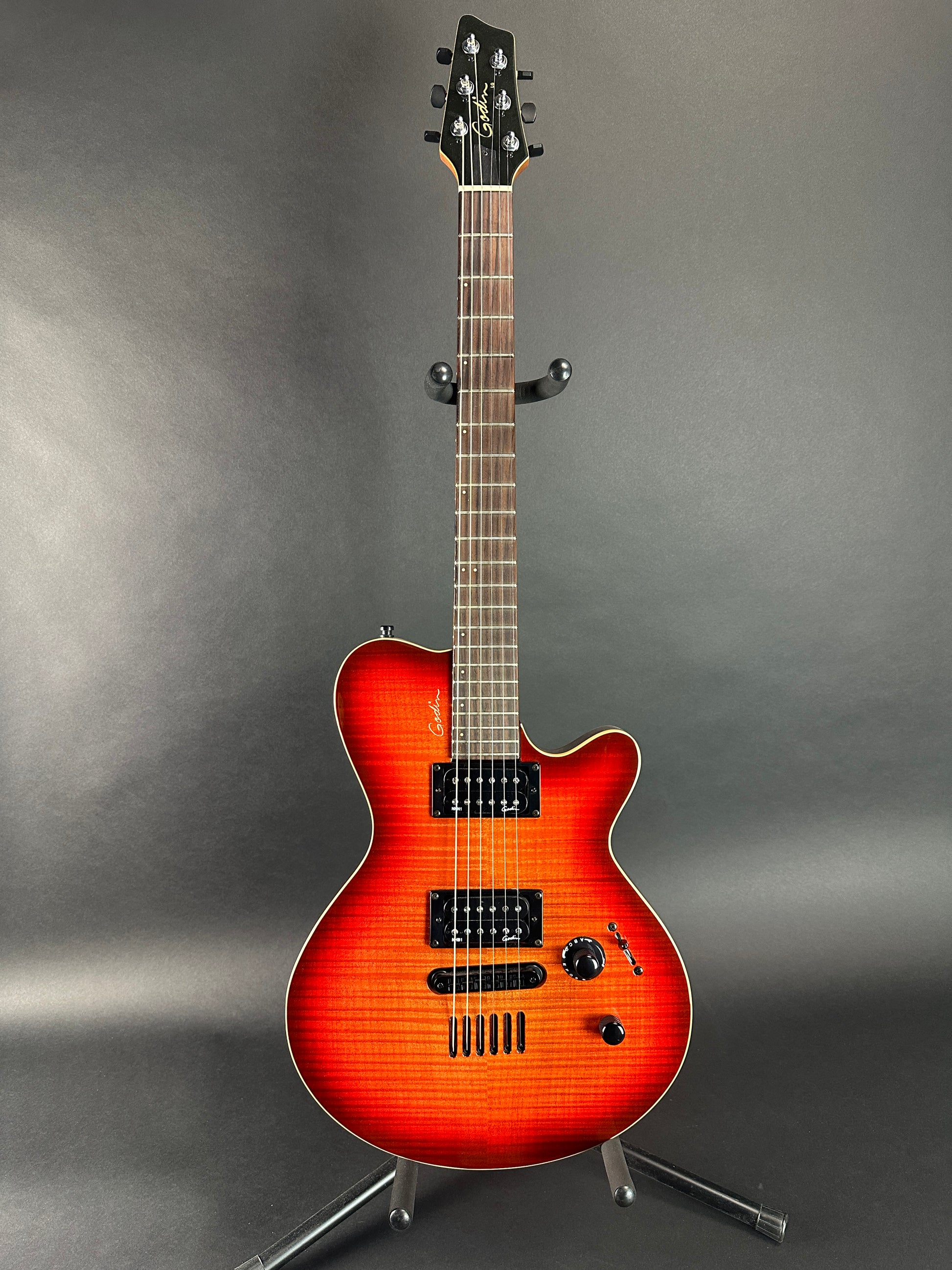 Full front of Used Godin LG HB Cherryburst Flame.