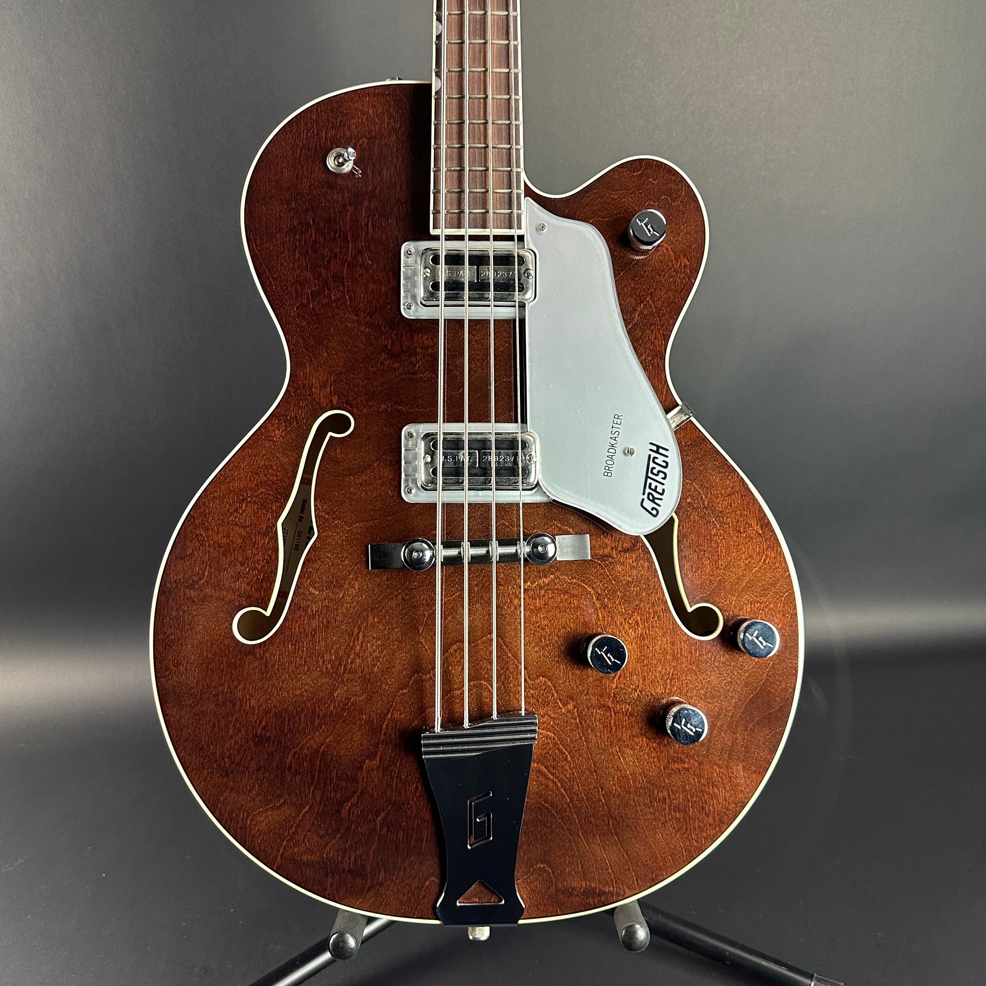 Front of Used Gretsch G6119B Walnut Broadcaster Bass.