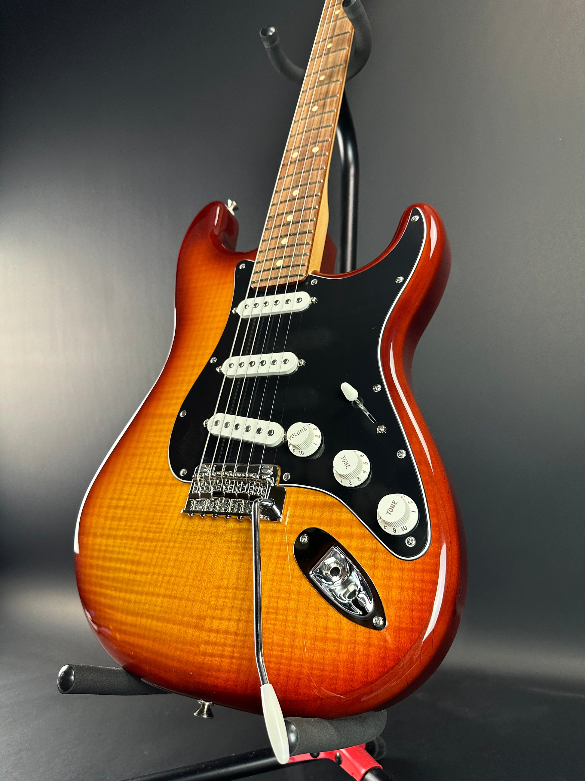 Front angle of Used Fender Player Stratocaster Plus Top Sunburst.