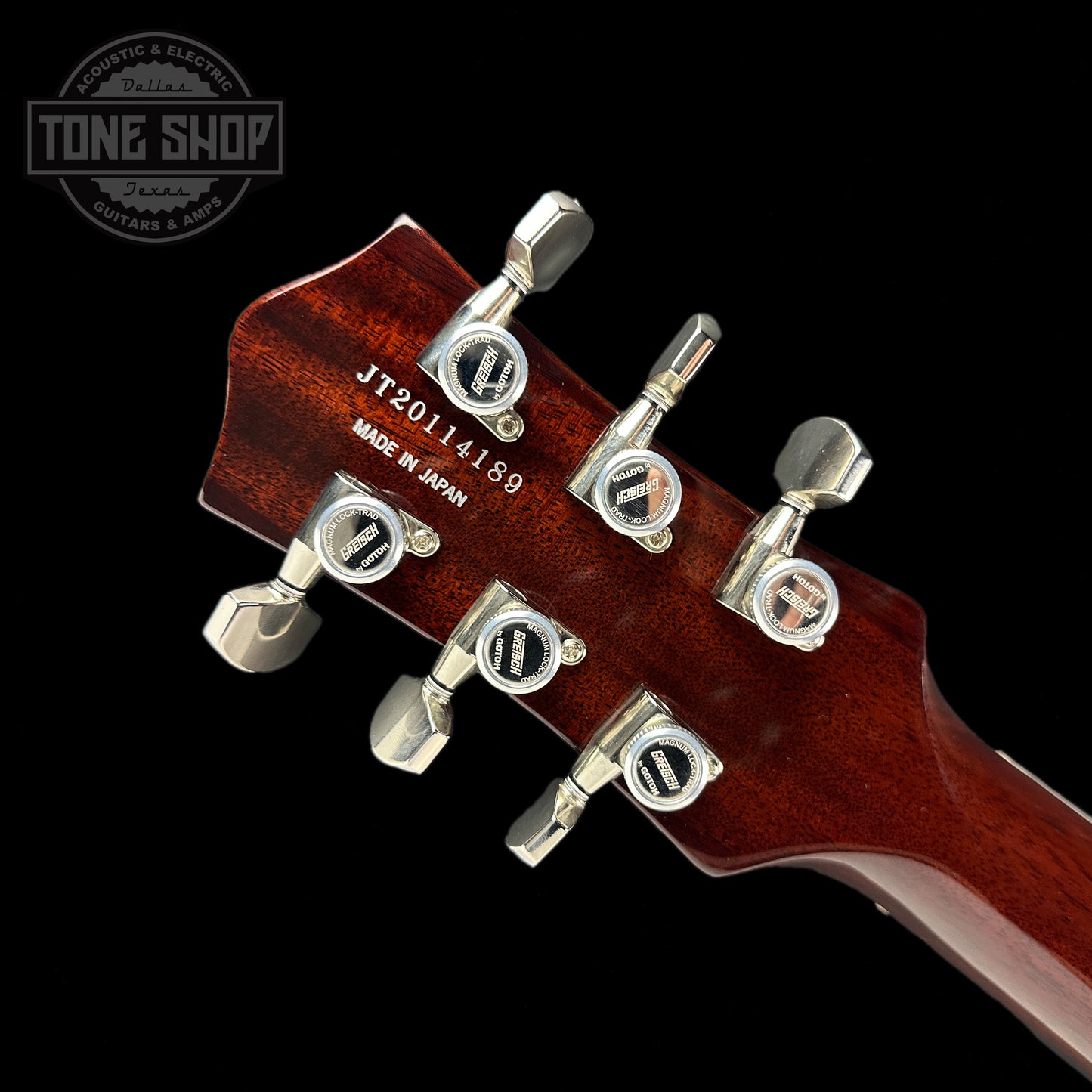 Back of headstock of Used Gretsch G6128T Players DS Sahara Mist.